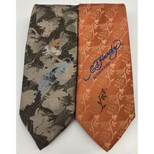 Lot of 2 Ed Hardy Christian Audigier Koi Fish & Skulls Roses Silk Neckties Ties
